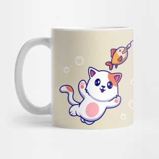 Cute Cat Catching Fish Cartoon Mug